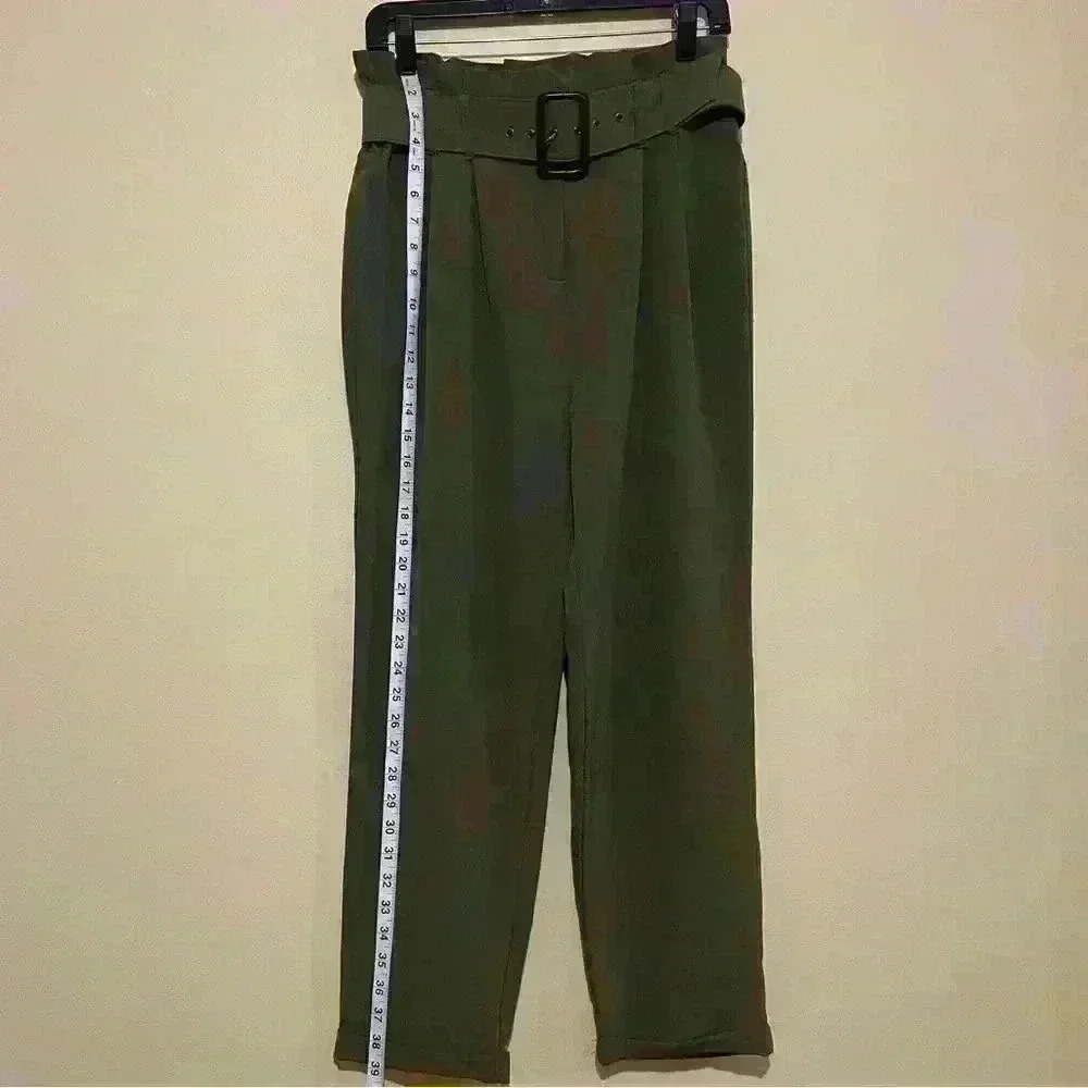 Haute Monde Green High Waisted Pleaded Belt Pants Size L 95 % Polyester - Picture 3 of 9
